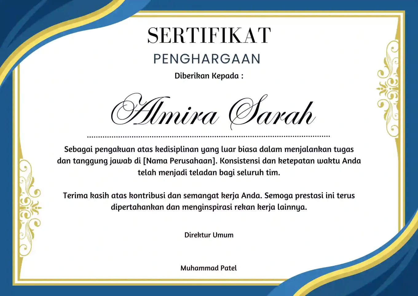 Sertifikat Penghargaan Karyawan Paling Disiplin 