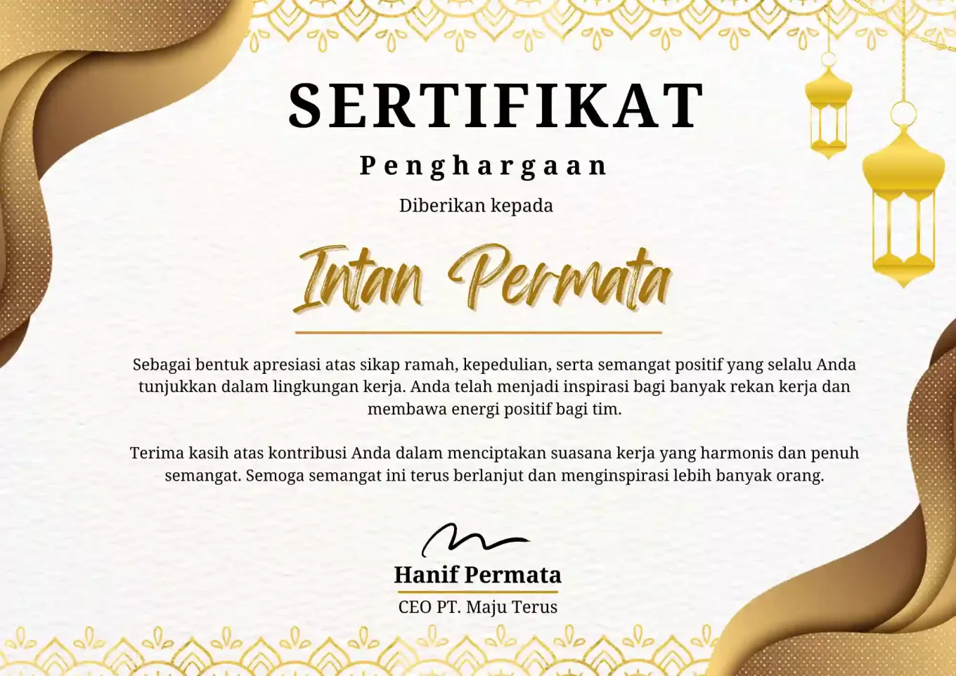 Sertifikat Penghargaan Karyawan Paling Ramah dan Inspiratif 