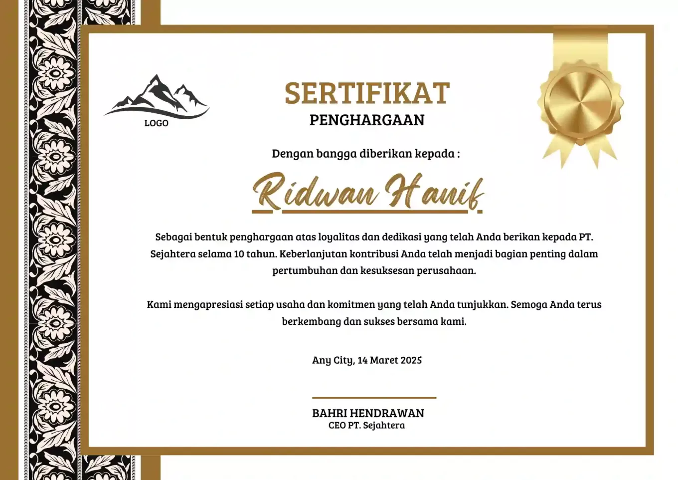 Sertifikat Penghargaan Karyawan dengan Loyalitas Terbaik 